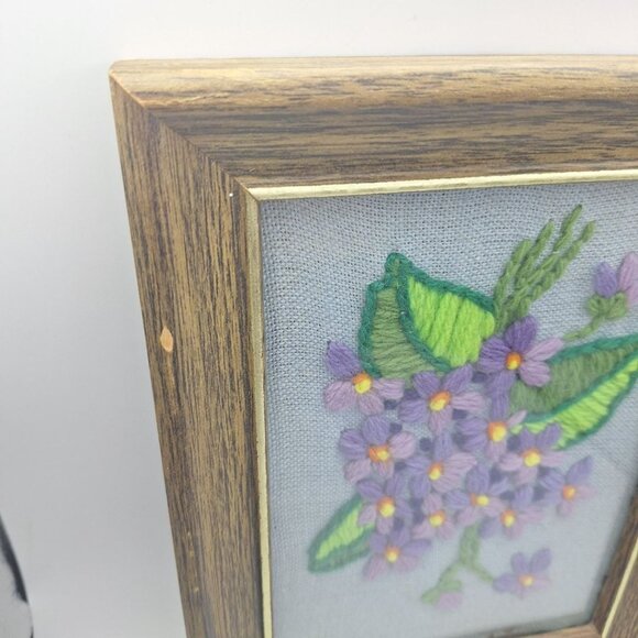 Plant Needlepoint Artwork Vintage Macrame Purple Green 9 x 7 Framed Fabric - Picture 6 of 8
